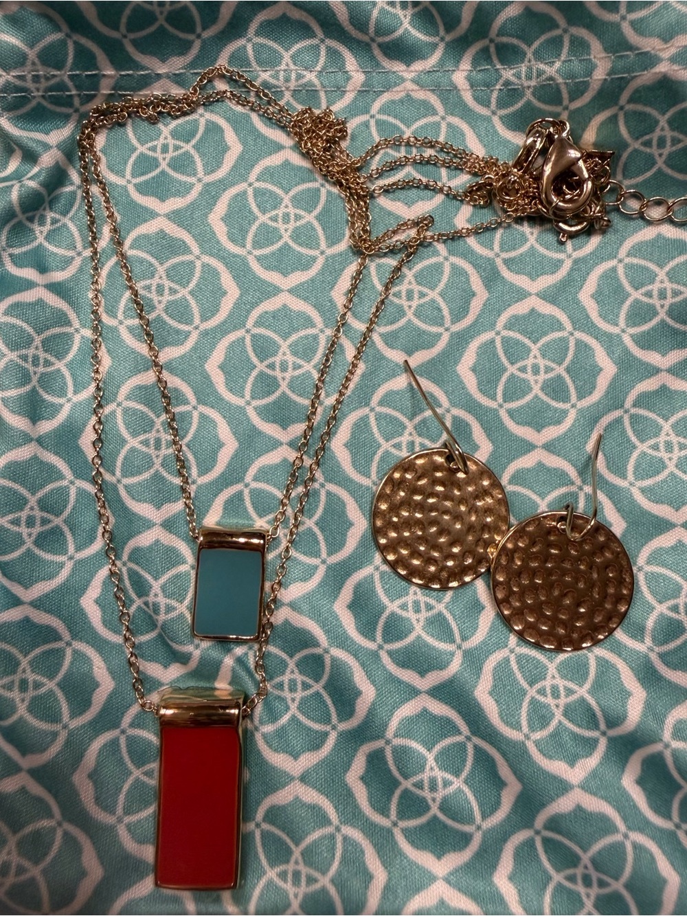 Double Strand Necklace with Coral and Turquoise Enamel Pendants & Earrings